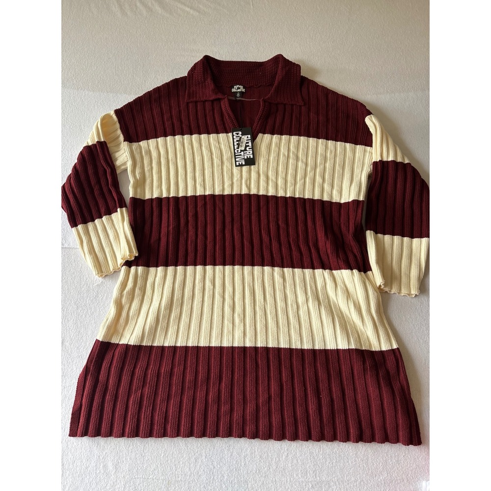 Future Collective Reese Blutstein Striped Ribbed Polo Sweater Dress Burgundy XL